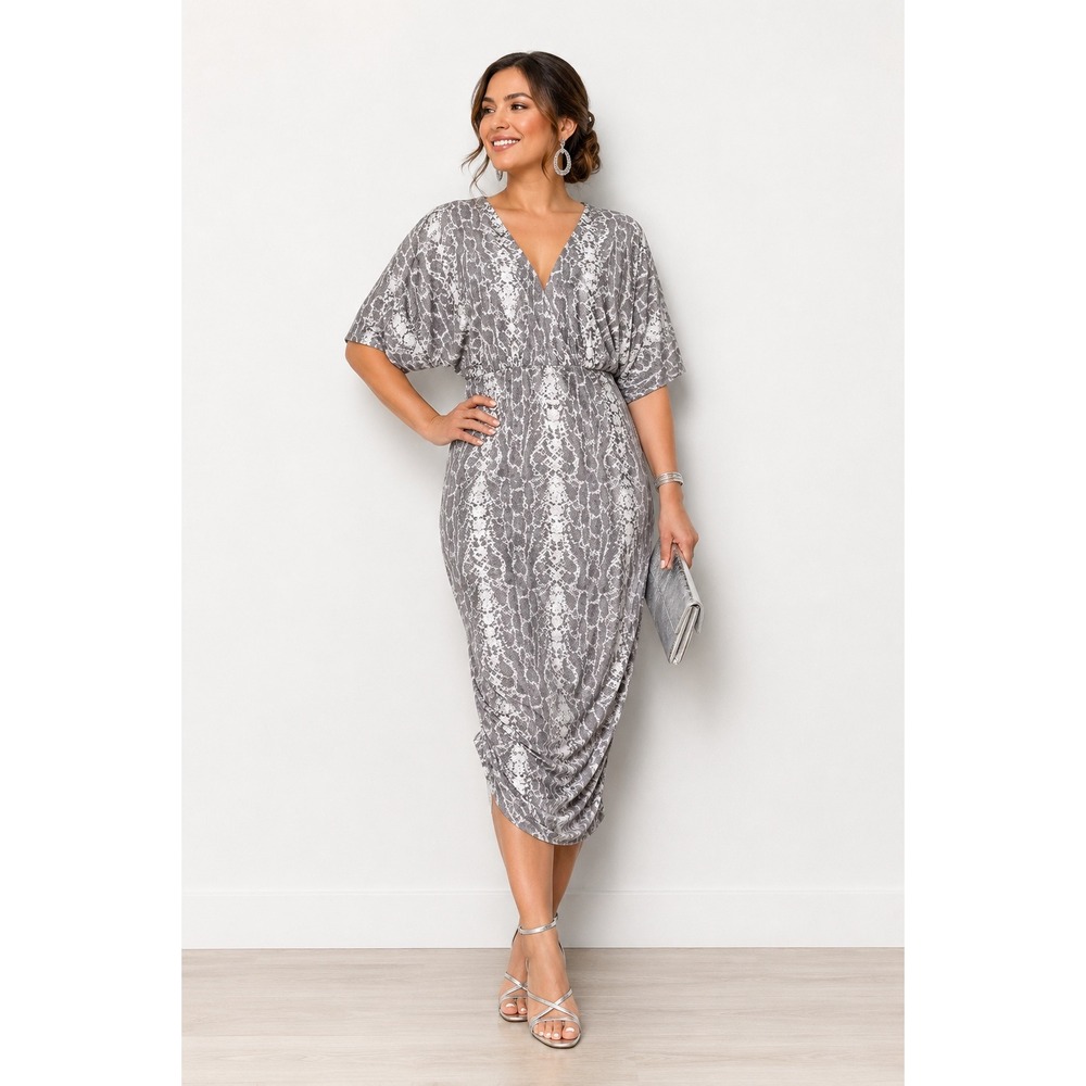 Socialite Grey Snakeskin Ruched Midi Dress V-Neck Dolman Sleeve Bodycon